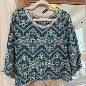 Bohemian Emerald Embroidered Scallop Blouse cottagecore, peasant, spring, costal